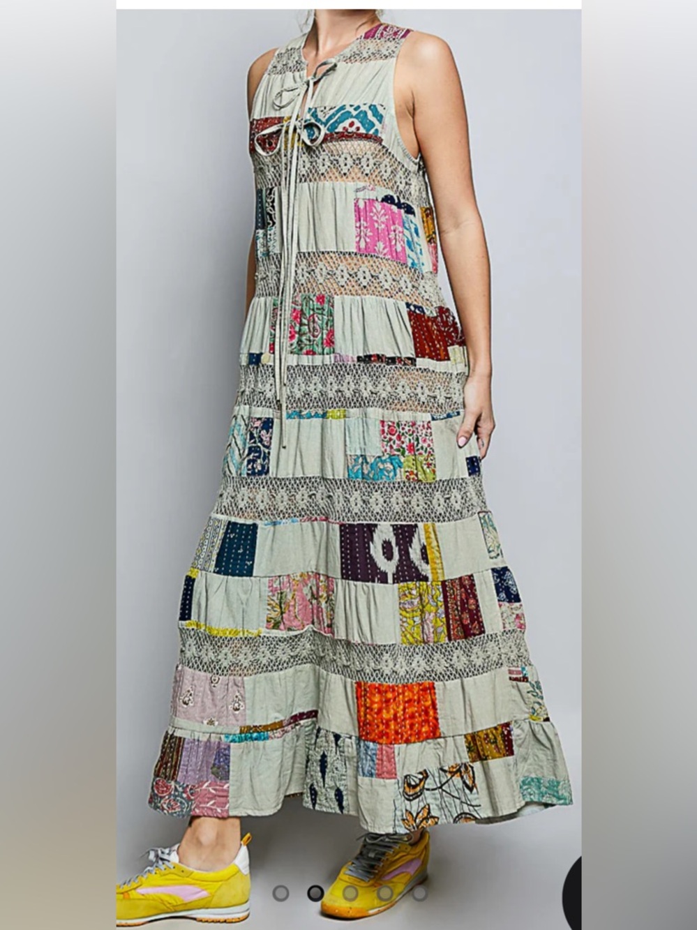 🎨Brand NWOT POL size Medium Mixed-Media Patchwork Tiered Maxi Dress - Picture 9 of 9